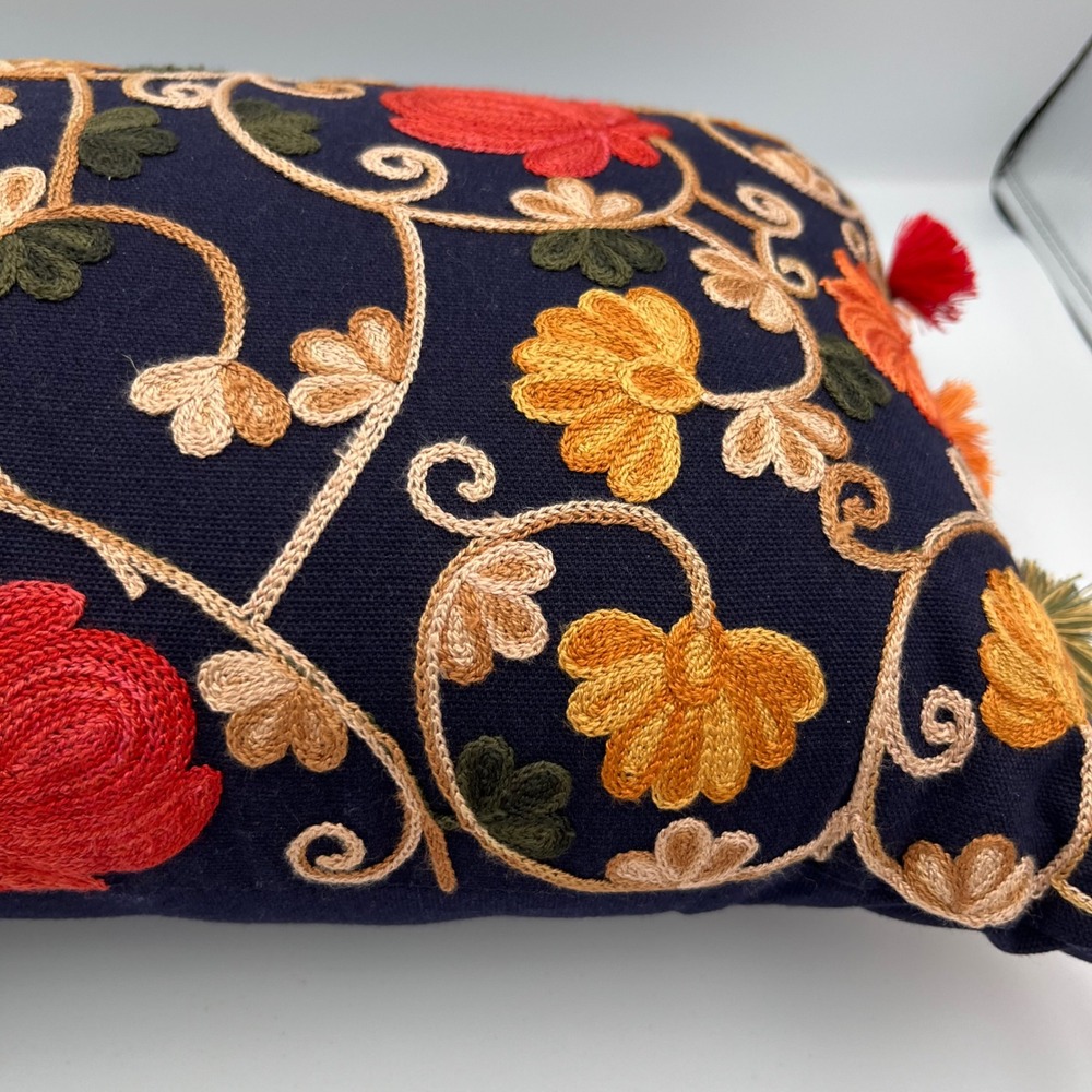 Boho Embroidered Pillow Navy Blue Floral Tassel Accent Decorative Accent Pillow - Picture 3 of 10